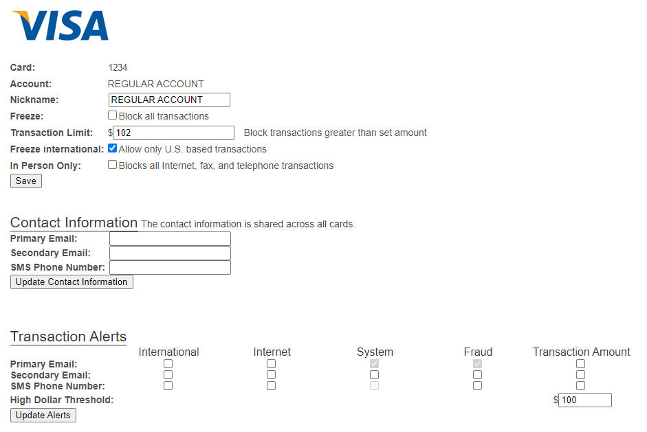 image of settings for additional options on card controls page within the website